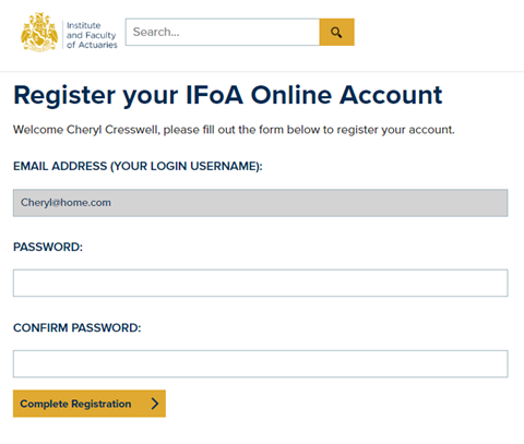 Screenshot of page to register your IFoA online account. It displays fields for email address (your login username), password, and confirm password and a complete registration button.