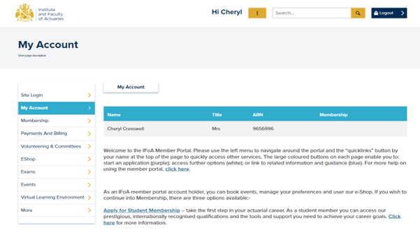 Screenshot of the landing page of your new member portal once logged in.