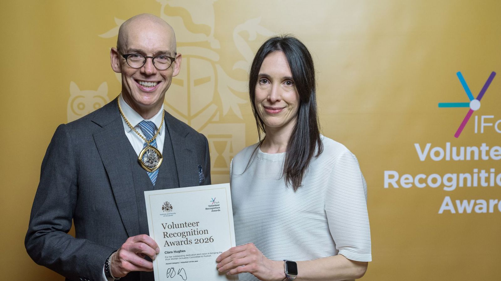 Volunteer of the Year: Clara Hughes FIA with IFoA President Paul Sweeting
